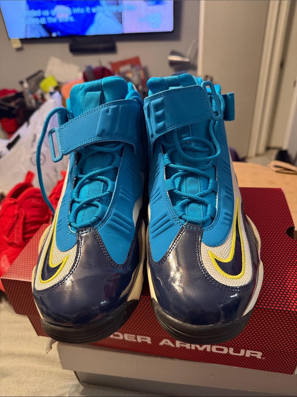 Under Armour Kids Teal and Navy High-Top Sneakers with Yellow Accent